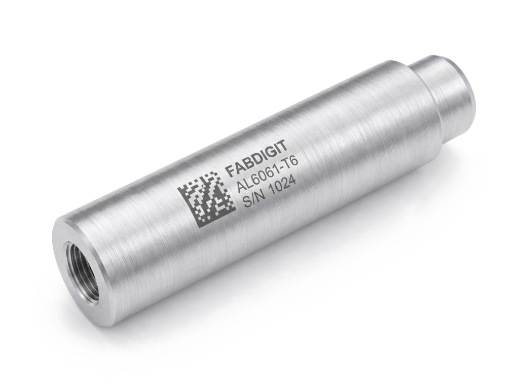 Aluminum part with FabDigit laser-engraved ID, AL6061-T6 material code, S/N 1024, and a datamatrix traceability code.