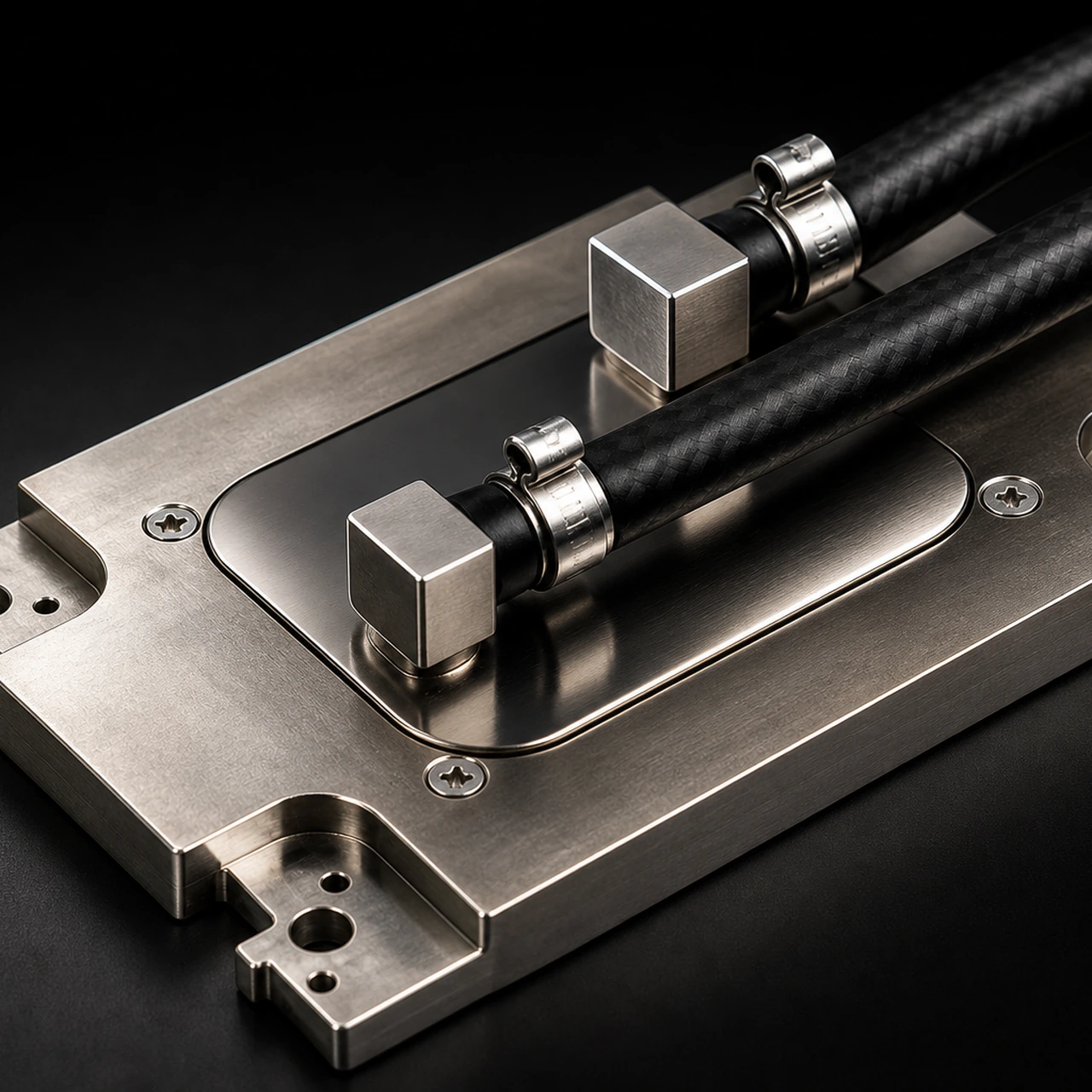 Brushed-nickel cold plate with carbon-fibre coolant hoses on a dark studio background