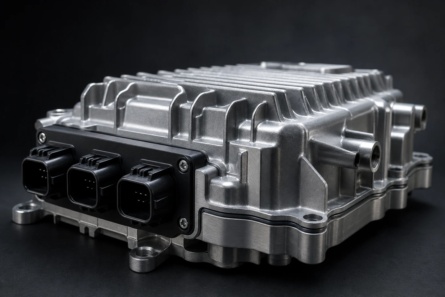 Precision-cast aluminum EV inverter housing with three high-voltage connector receptacles