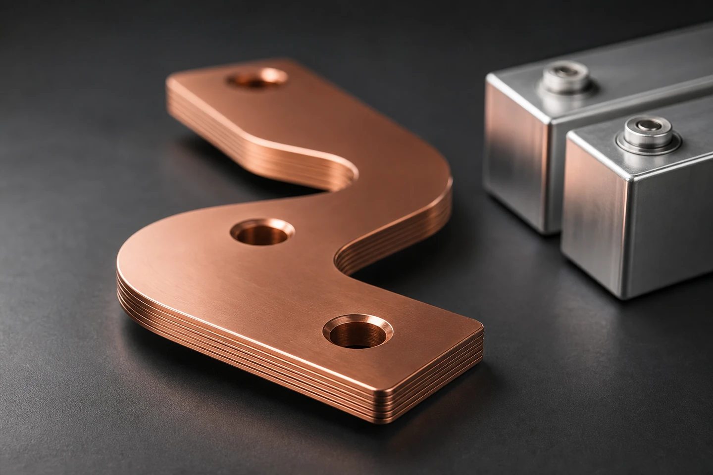 Polished copper laminated busbar on a dark studio surface