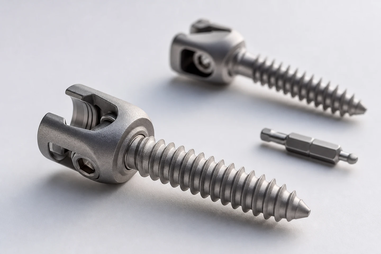 Titanium polyaxial spinal pedicle-screw implant on a light-grey backdrop