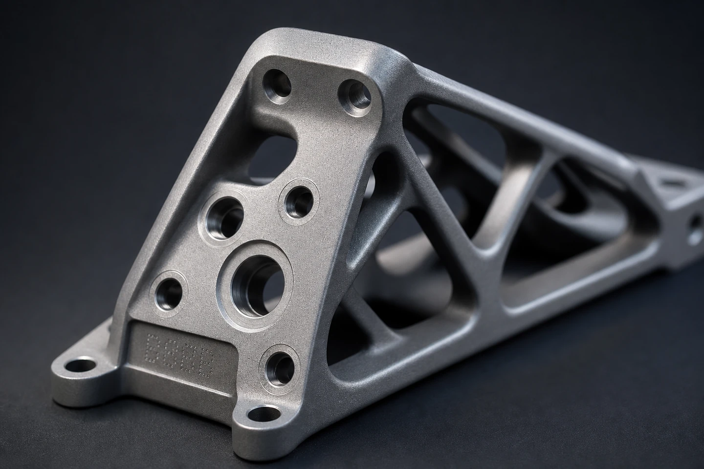 Topology-optimised titanium aerospace bracket on a charcoal-grey backdrop