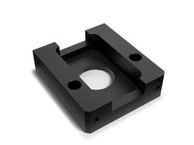 Illustrative CAD render of the same aluminum fixture with a black anodized surface.