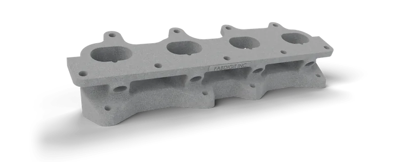CAD render of a 3D-printed PA12 nylon intake manifold with four runner flanges, in the natural gray of Multi Jet Fusion.