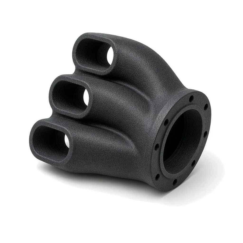 Black carbon-fibre-filled SLS-printed intake manifold in Formlabs Nylon 11 CF Powder