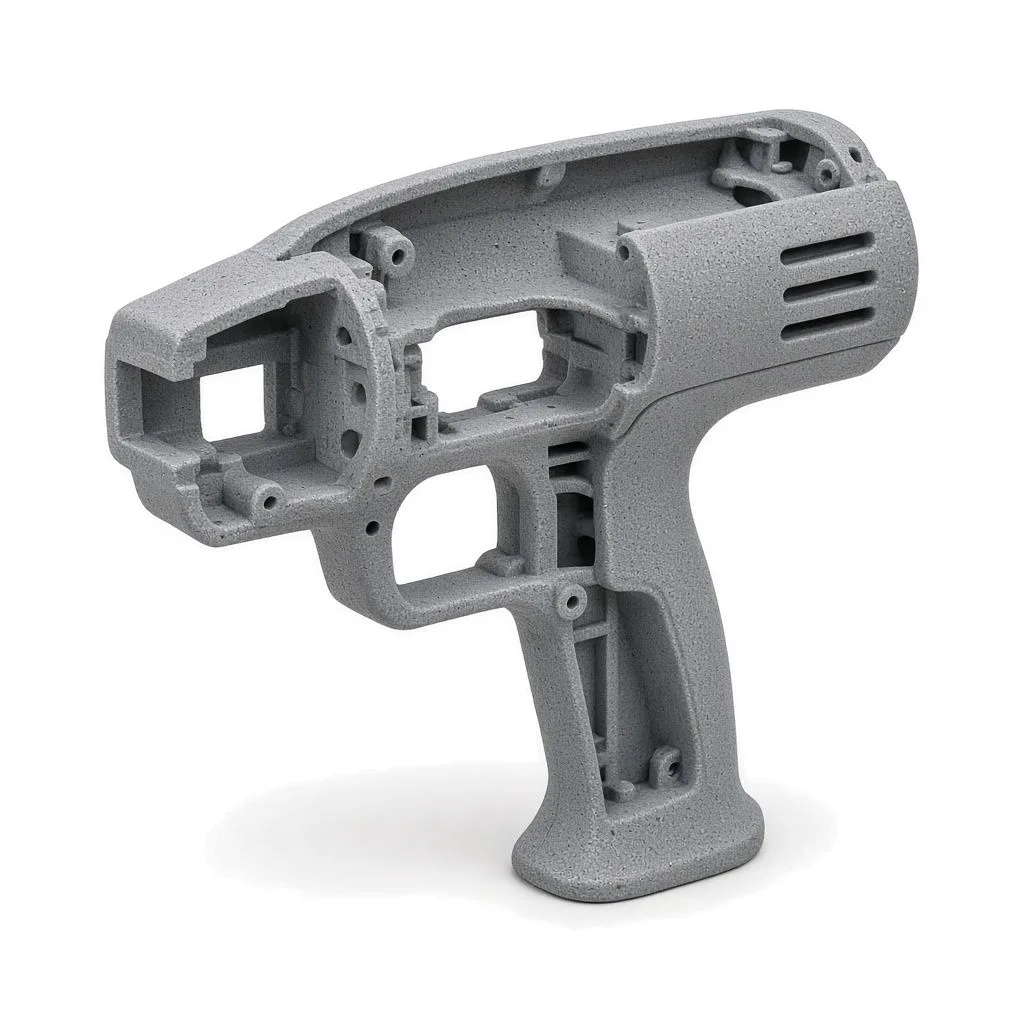 Grey SLS-printed cordless power-tool housing in Formlabs Nylon 12 Powder