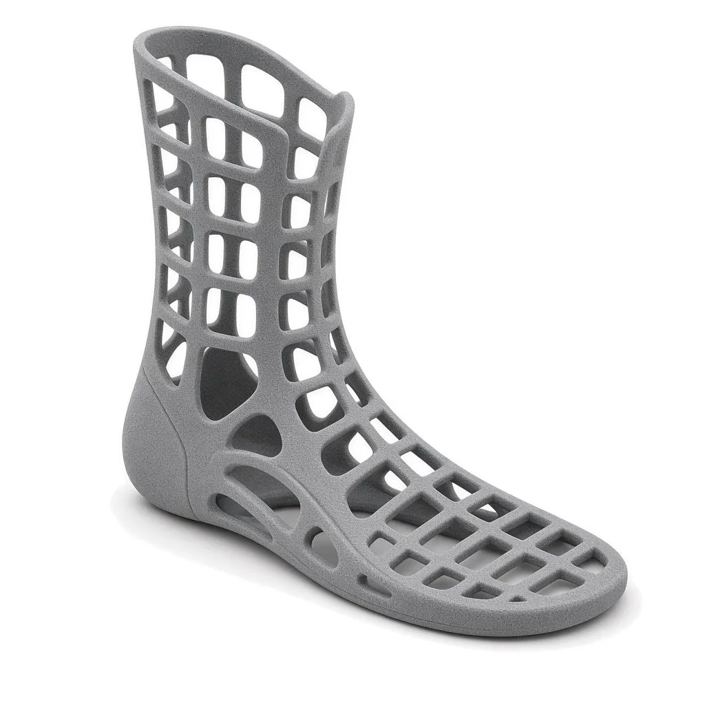 Grey SLS-printed lattice ankle brace in Formlabs Nylon 12 Tough Powder