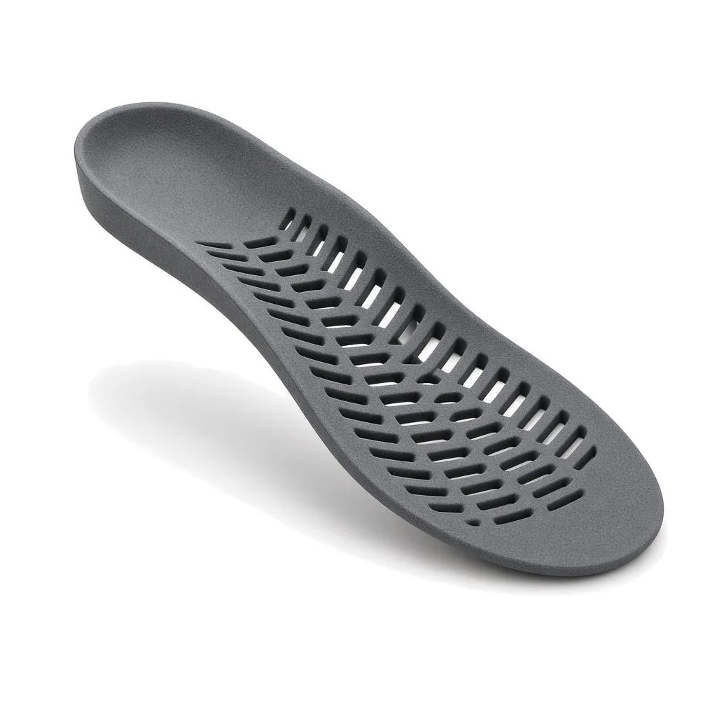 Grey MJF-printed flexible living-hinge insole in bio-based HP 3D High Reusability PA 11