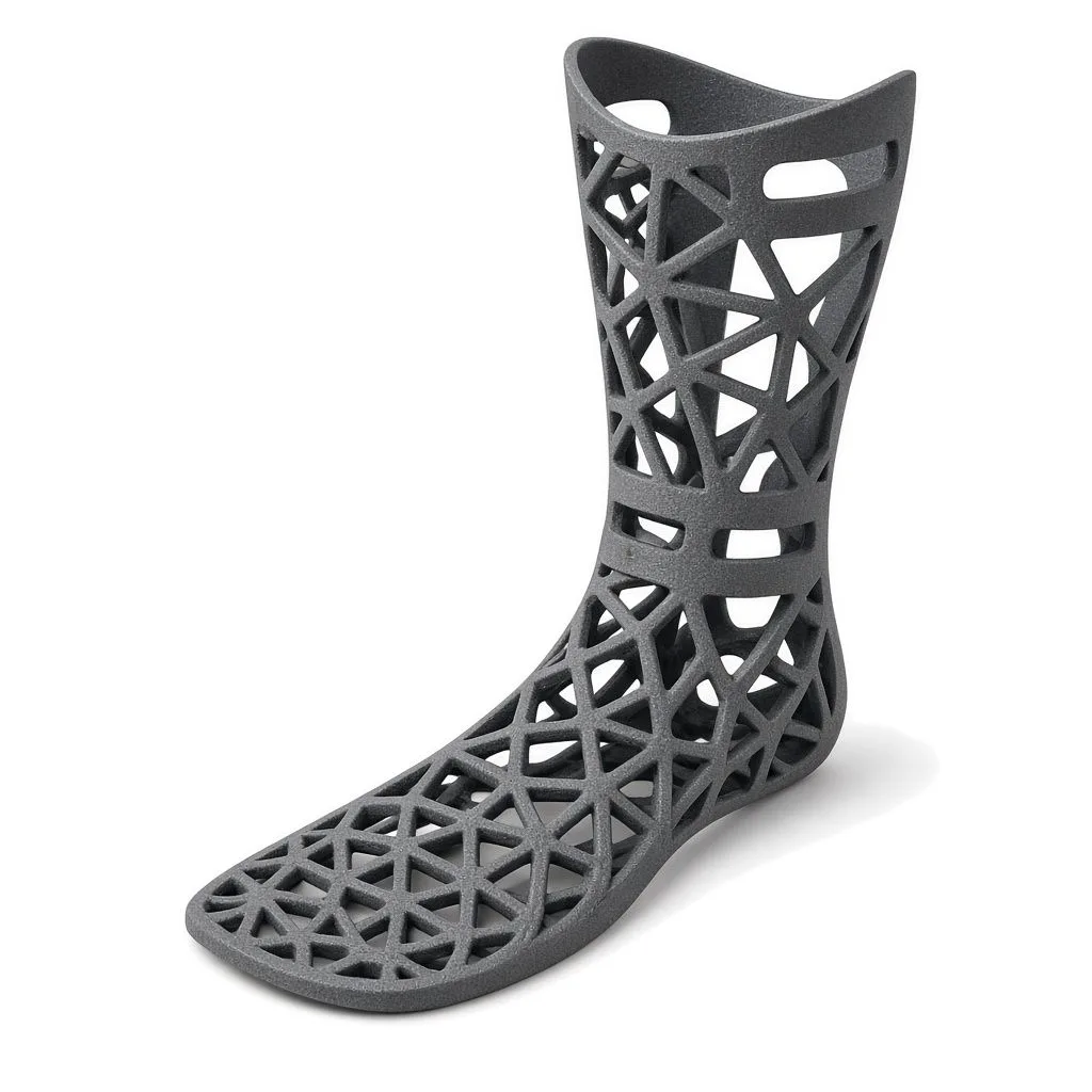 Grey MJF-printed lattice ankle-foot orthosis in bio-based HP 3D High Reusability PA 11 Gen2