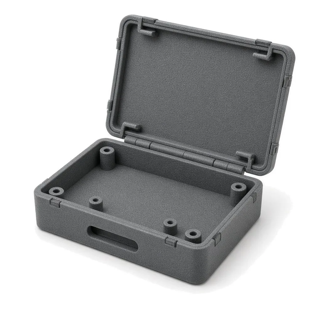 Grey MJF-printed hinged enclosure with snap-fit lid in HP 3D High Reusability PA 12
