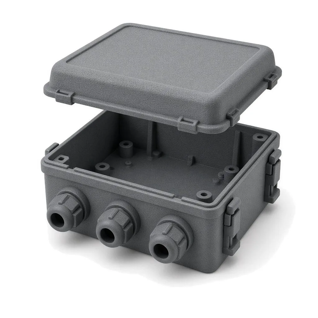 Dark grey MJF-printed flame-retardant electrical junction-box housing in HP 3D High Reusability PA 12 FR
