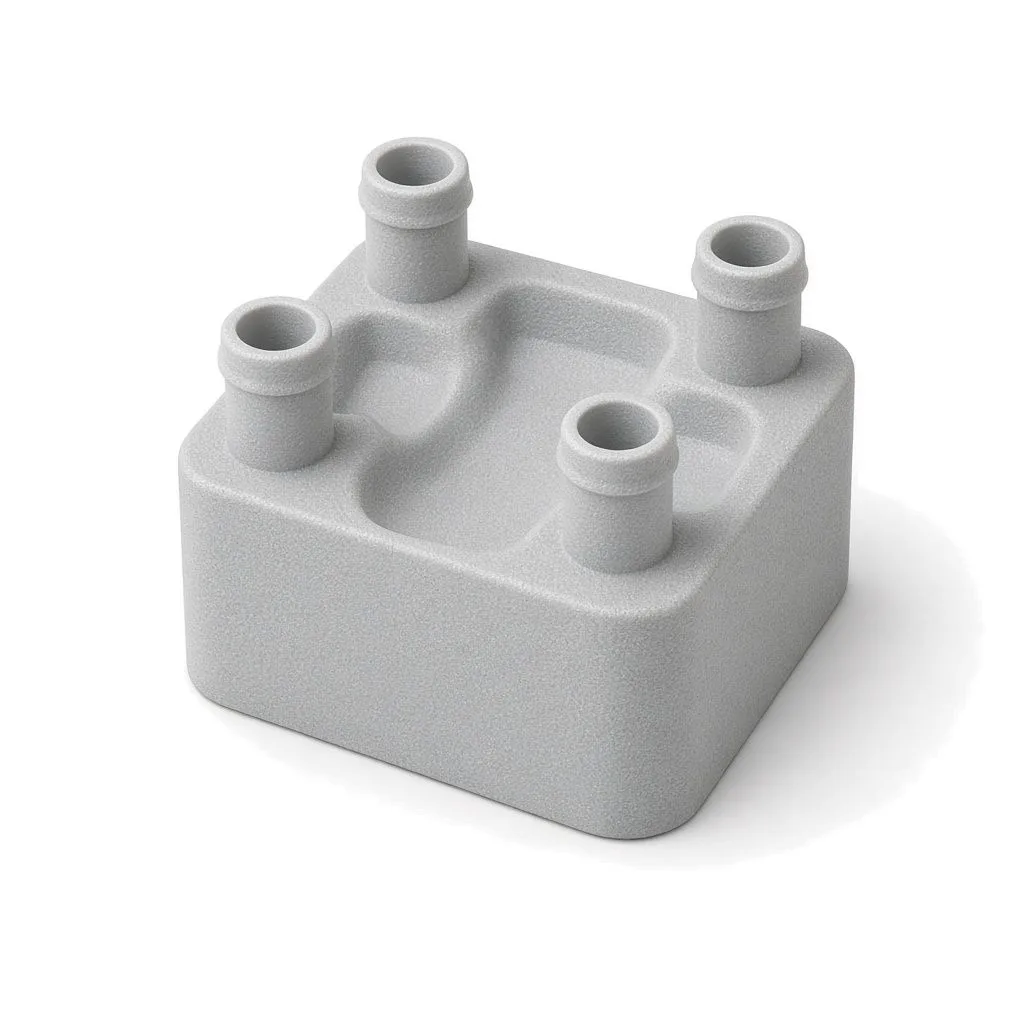 Grey MJF-printed fluid manifold with hose barbs in HP 3D High Reusability PP