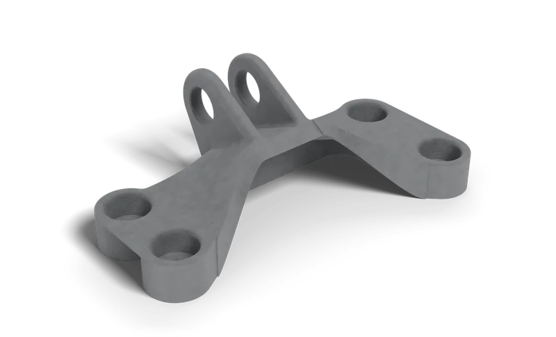 CAD render of a laser-fused 316L stainless steel aviation bracket — two clevis lugs on a saddle with four bolt bosses — sand-blasted as printed.