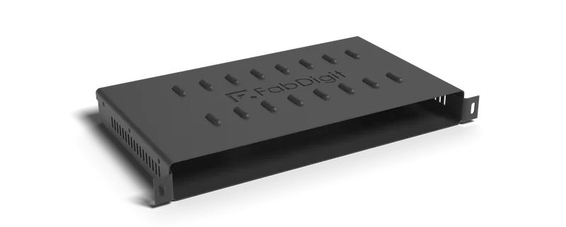 CAD render of a formed sheet-steel 1U server chassis with louvered side vents and rack ears, finished in black powder coat.