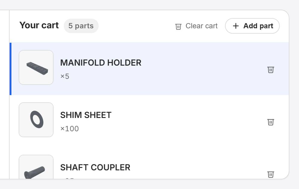 Five-part cart with rendered thumbnails — Manifold Holder, Shim Sheet, Shaft Coupler, and more.