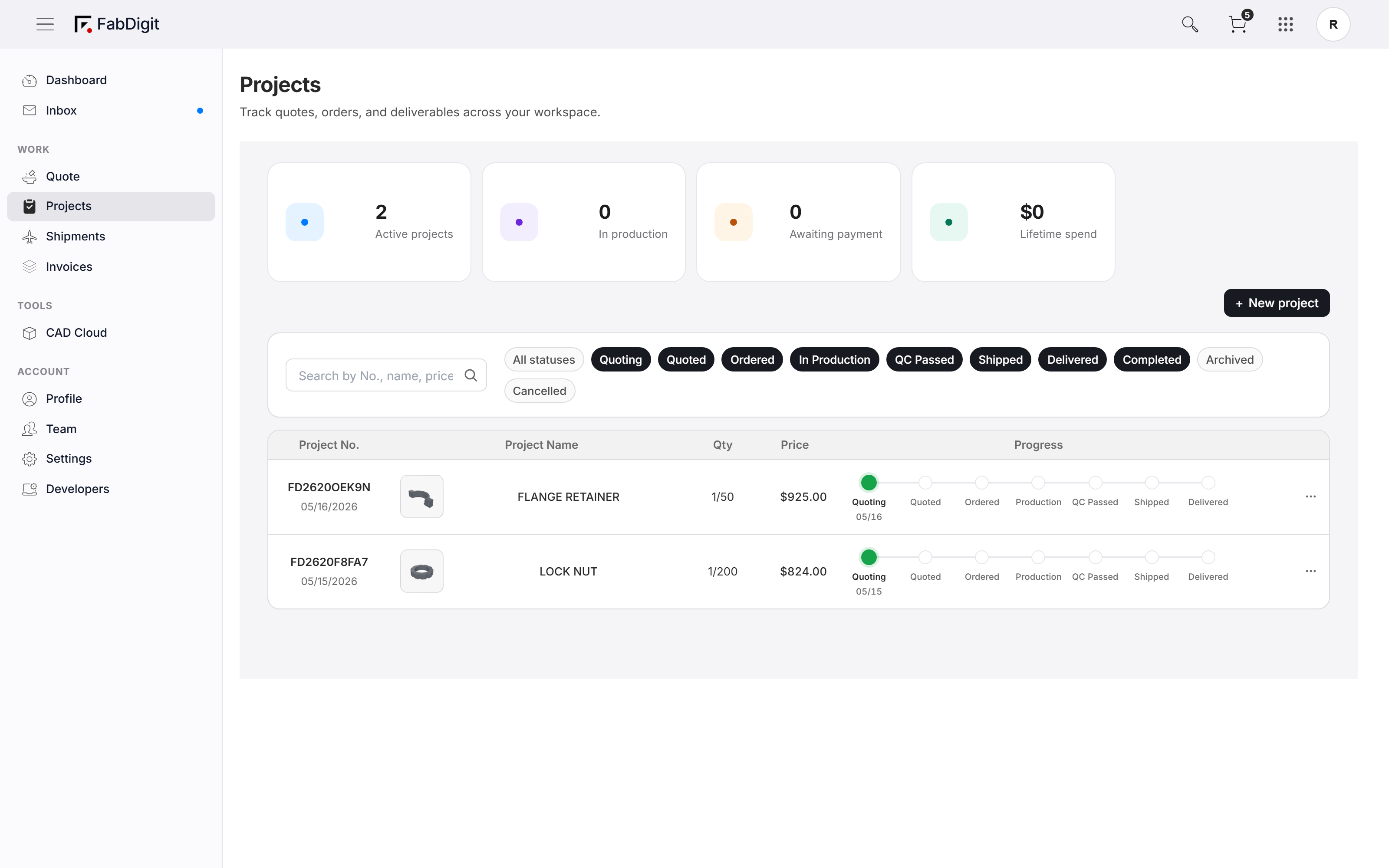Projects dashboard with KPI cards and per-project status timeline.