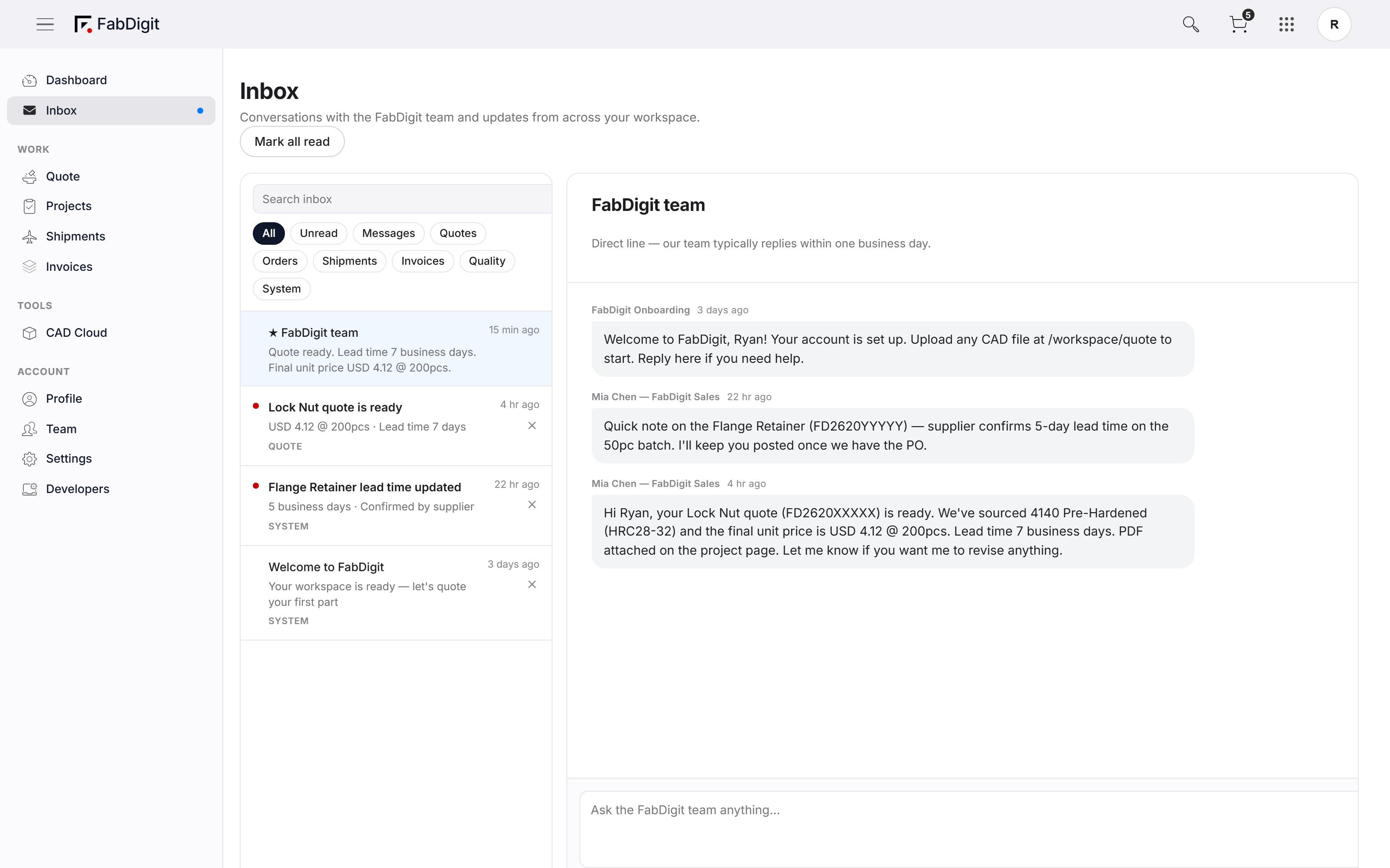 Inbox with categorized filters and a live conversation with the FabDigit team.