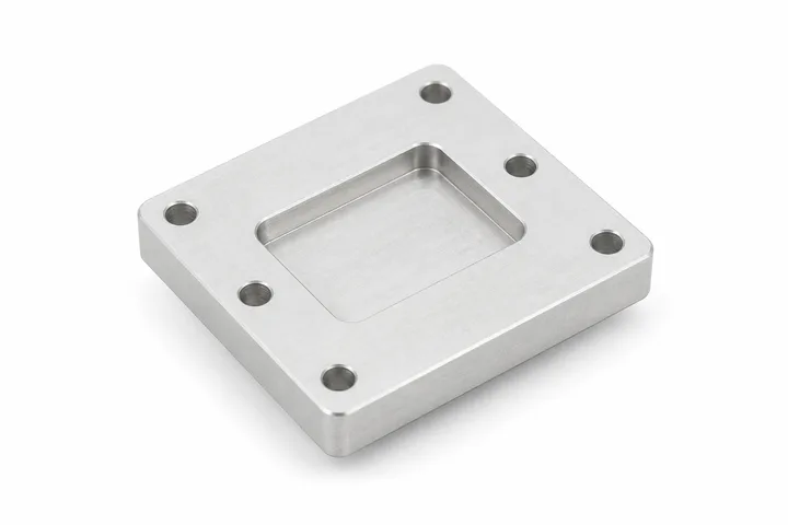 CNC-machined aluminum sensor bracket with six holes and a center pocket