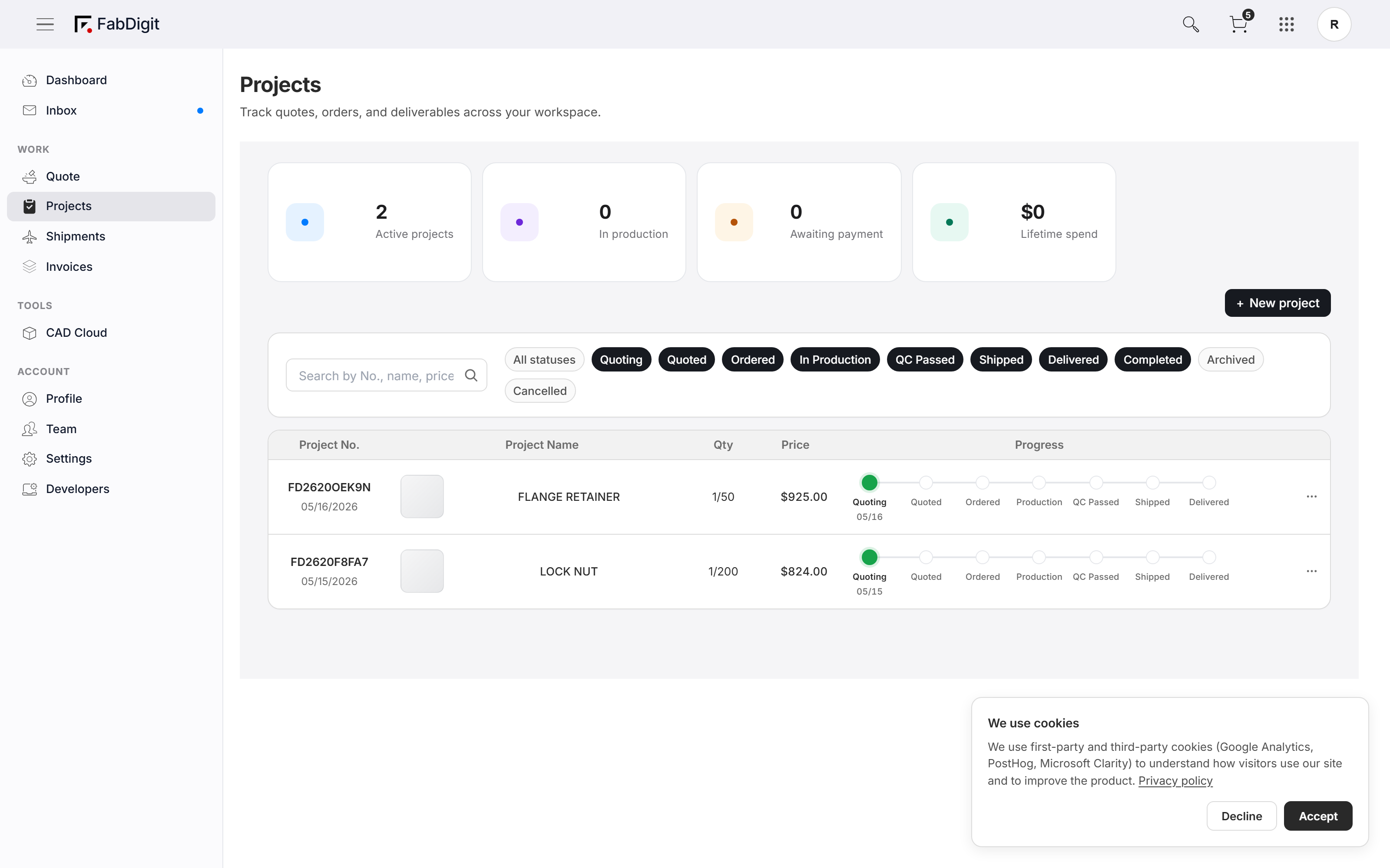 Project Hub table — KPI cards across the top, rows of projects with status lights, qty, and price.