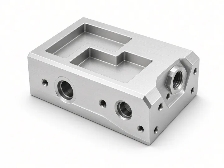Aluminum housing with pockets and ports on five faces, machined on a 5-axis mill